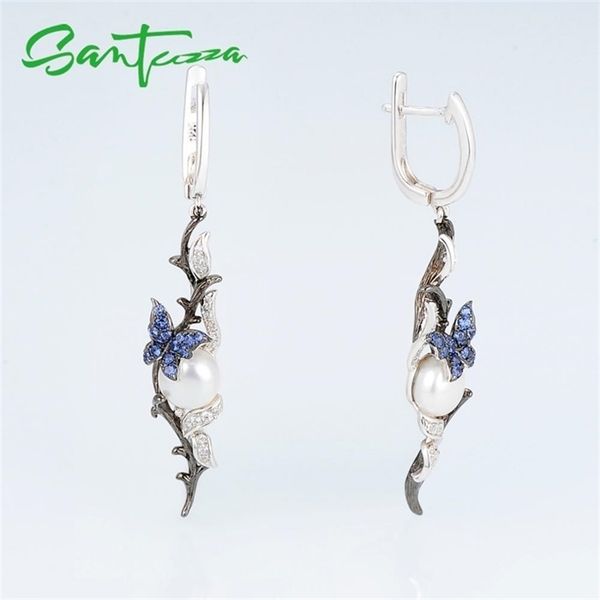 

santuzza silver earrings for women 925 sterling silver drop earrings blue butterfly fresh water white pearl trendy fine jewelry-a, Golden;silver