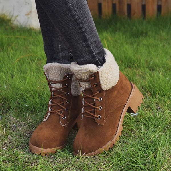 

boots women fleece lace-up cotton round head frosted winter warm ladies low heel solid color, Black