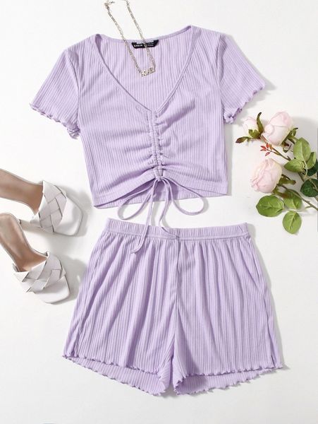 

ruched knot lettuce trim crop tee & shorts set a79f#, White