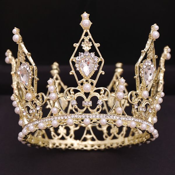 

trendy golden round baroque rhinestone crystal headdress wedding hair accessories queen crown bridal tiara jewelry accessoriesdio chan conta, White;golden