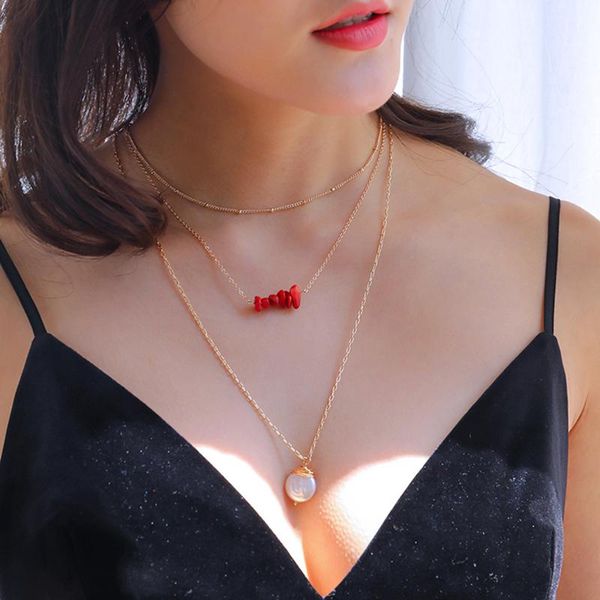 

chains golden beaded chain card neck red crushed stone clavicle baroque pearl multilayer necklace, Silver
