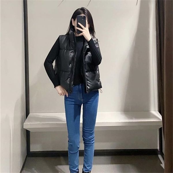 

traf women fashion leather cotton pocket padded waistcoat vintage sleeveless female outerwear streetwear 210915, Black;white