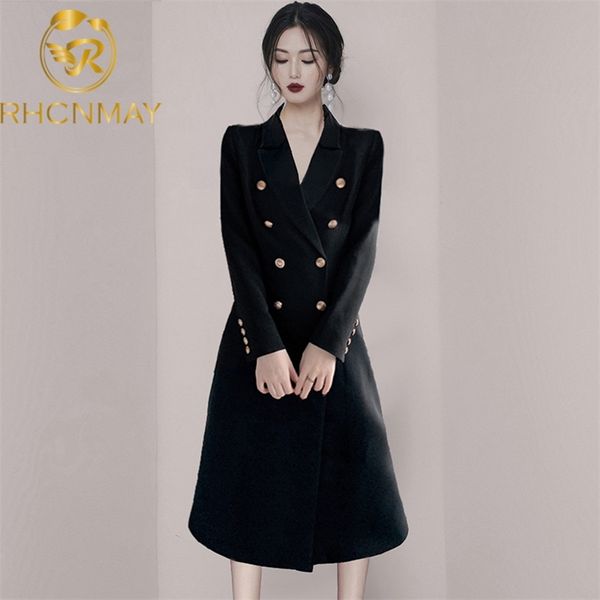 Herbst Langarm Double Pearl Buttons Office Work Kleid Ladies Sheer Elegant Winter Black Blazer ES für Frauen 210506