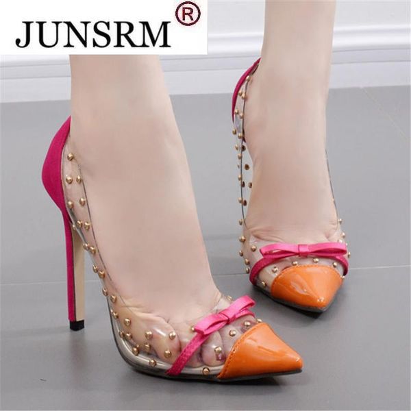 

sandals women pu slip on 11cm thin heels high pointed toe rivet shoes sandalias mujer 2022, Black