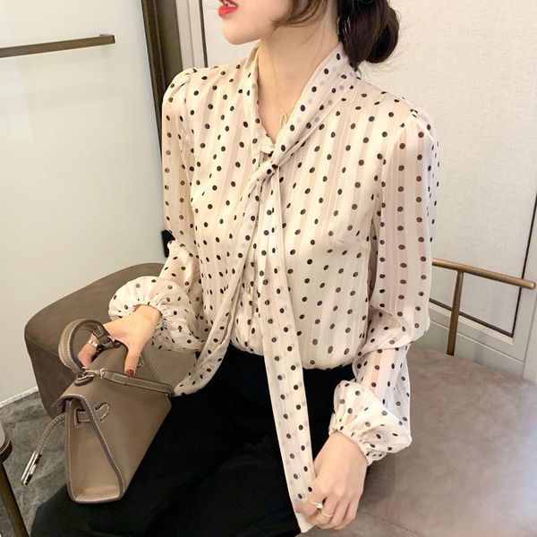 

women's blouses & shirts real s 2021 spring wear wave point chiffon shirt ribbon bowknot foreign style long sleeve, White