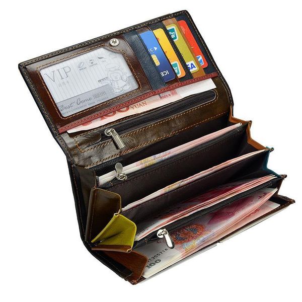 

rainbow color women genuine leather wallet womens long clutch purse female coin bag for card holder, Red;black