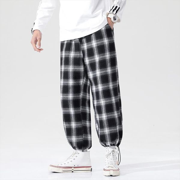 

plaid casual harem korean man women pant loose ankle length trousers harajuku streetwear male clothing joggers, Black