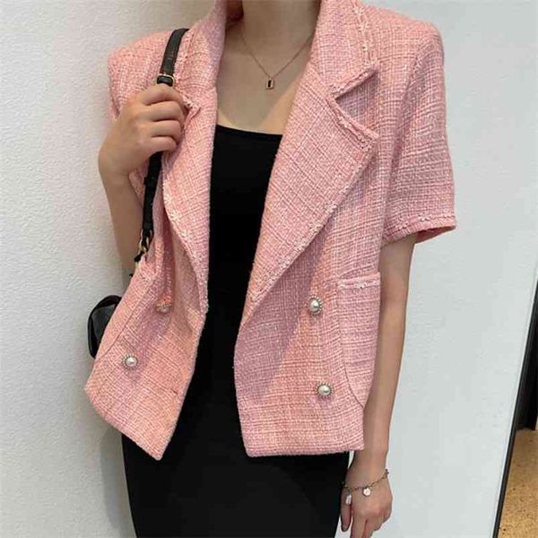 Koreanische Chic Vintage Elegante Tweed Jacke Mantel Frauen Sommer Crop Top Damen Silm Kurze Mäntel Woolen Outwear Chaqueta Mujer 210514
