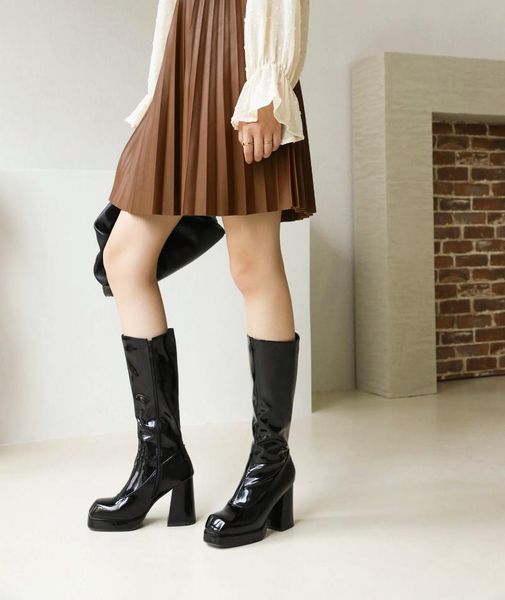 

boots thick high-heeled leather knee-length square toe tapered heel short plush platform women's patent 2021, Black