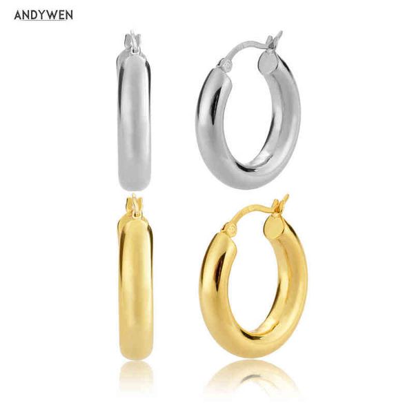 

andywen 15mm hollow hoops closed claps circle loop 925 sterling silver fashion women luxury jewelry piercing pendiente 220108, Golden;silver