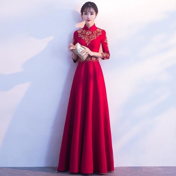 Kırmızı Nakış Çin Abiye Uzun Gelin Düğün Qipao Oryantal Tarzı Parti Elbiseler Nedime Robe Ceremonie Fille Gowns Etnik Pıhtı