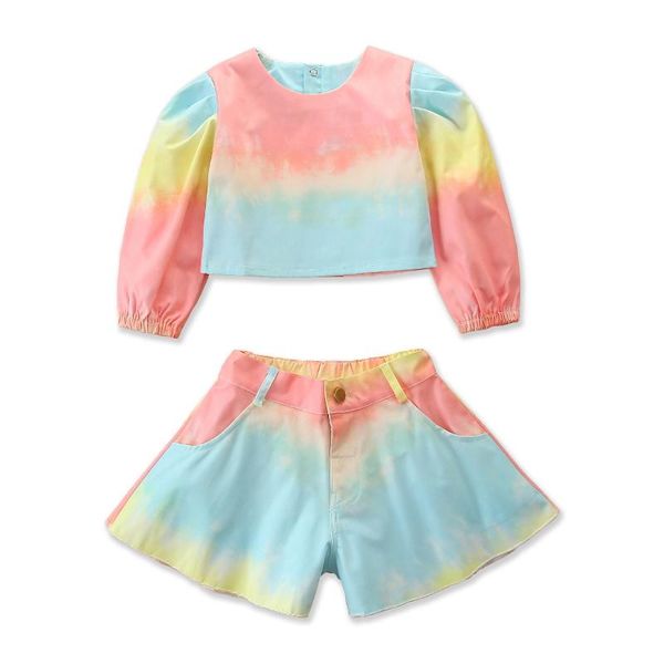 

clothing sets lovely baby girls tie-dyed two-piece clothes suit long puff sleeve round neck crop with short pants for autumn spring, White