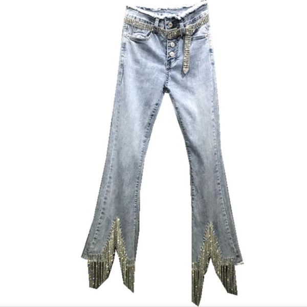 

women's jeans high waist tassel chain rhinestone women 2021 summer fashion skinny flare, Blue