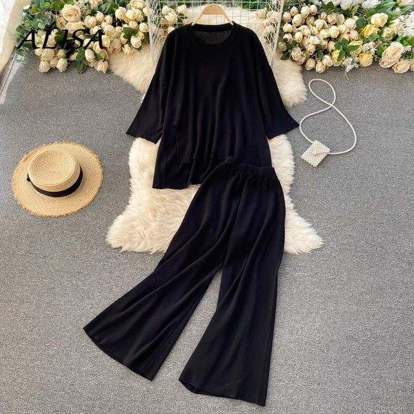 

women's two piece pants women vintage sets spring summer half sleeve irregular sweater and straight-leg ladies fashion korean outfits, White