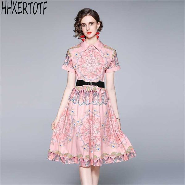 

summer fashion designer runway dres short sleeve turn down collar flower print vintage casual vestidos 210531, Black;gray