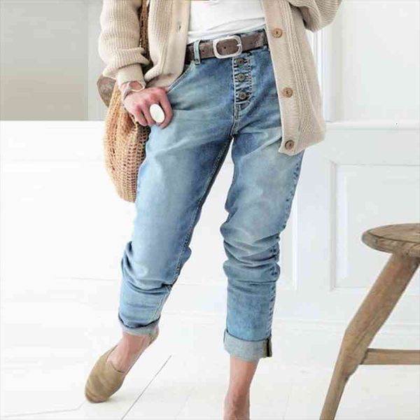 

high waist fashion denim womens jeans trousers casual street multi-button straight leg pants loose mothers, Blue