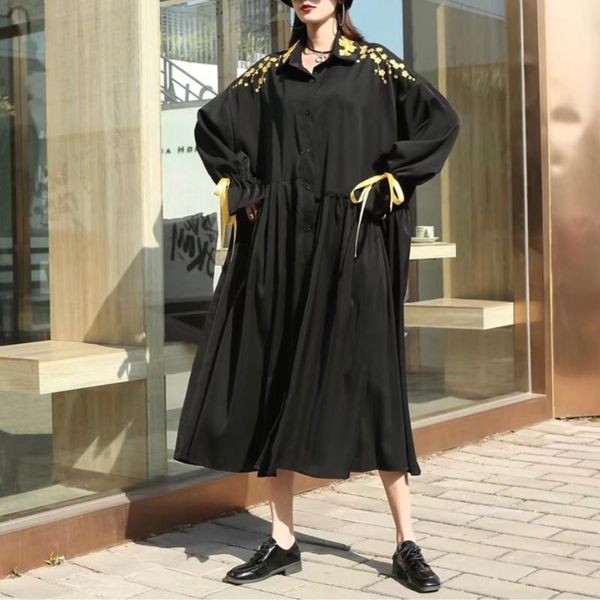 

casual dresses vanovich europe 2022 autumn fashion retro women dress embroidery lapel cotton clothing long sleeved, Black;gray