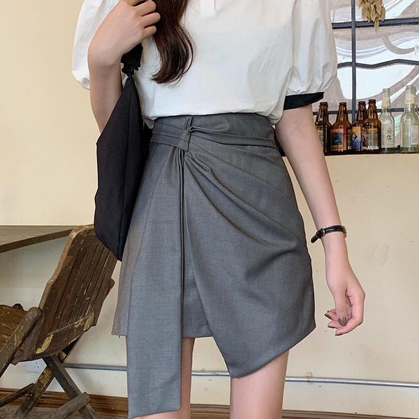 

skirts irregular korean summer mini women high waist slim fitted gray pleated zipper a-line clubwear vintage 2021 x323, Black