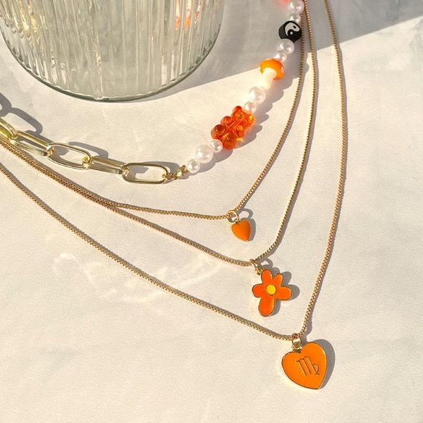 

chains multilayer enamel flower heart metal clavicle chain necklace for women asymmetry bear mushroom pearl beaded jewelry, Silver