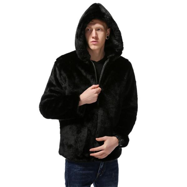 

men's fur & faux hooded jacket autumn and winter coat imitation hair thick warm artificial size l  xxl xxxl, Black