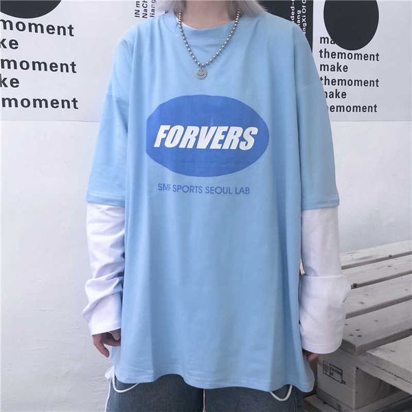 Ins Harajuku Chic BF Симпатичная синяя буква Печать поддельных двухсектурной рубашки Женская осень мода свободная с длинными рукавами повседневная футболка 210608