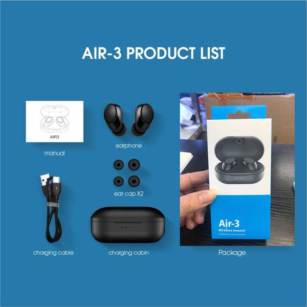 Air-3 TWS Kulak Tomurcukları Kablosuz Mini Bluetooth Kulaklık Kulaklık Kulaklık Microid için Stereo V5.0 Android Samsung iPhone Smartphone Için