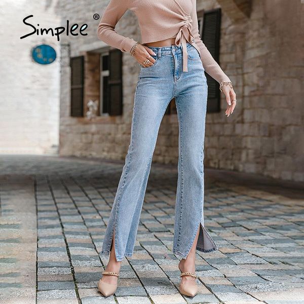 

women's jeans simplee office high waist split straight women elegant button denim female long pants autumn fashion blue pocket trousers