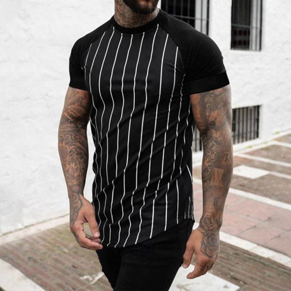 

men's t-shirts patchwork print striped short sleeve t shirt for men fashion o-neck slim tee casual pullover 2021 summer male streetwear, White;black