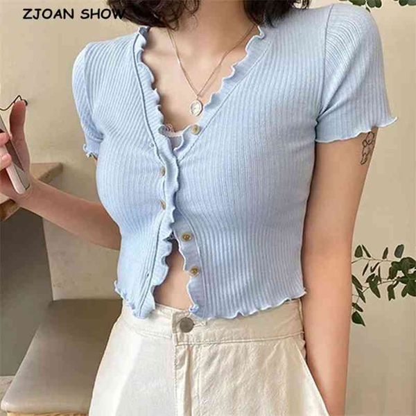 

70's vintage wood ears v neck short sleeve tee base cropt-shirts summer single-breasted button t-shirt crop 210429, White
