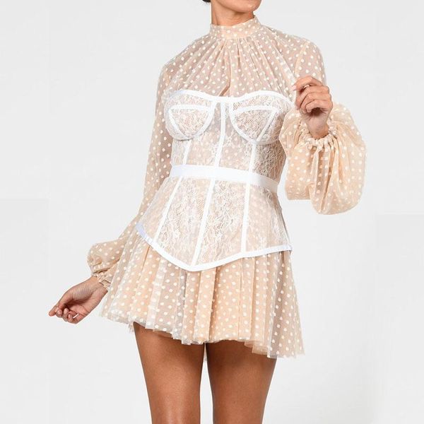 

casual dresses ukcnsep 2021 arrival women dress fashion long puff sleeve a line bodycon dots celebrity runway mini club party, Black;gray