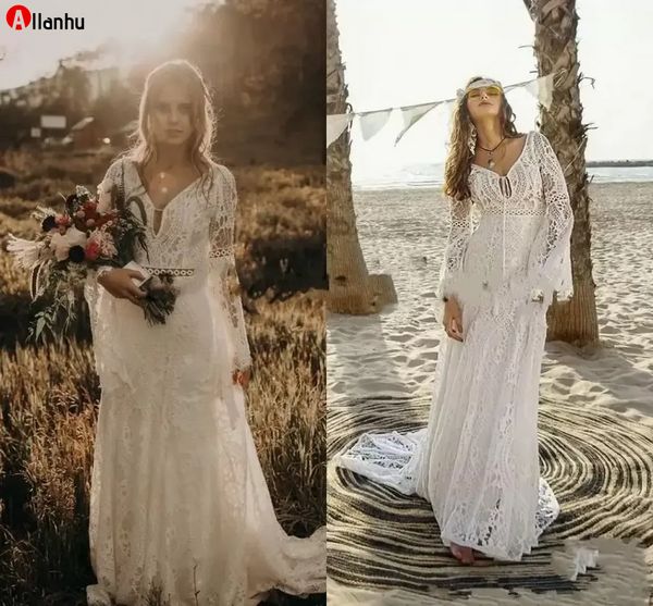 Vintage Häkelspitze Brautkleider mit langen Ärmeln 2022 V-Ausschnitt Meerjungfrau Hippie Western Country Cowgirl Bohemian Bride Gowns gdf