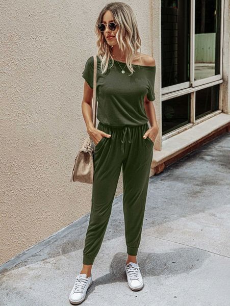 

solid drawstring waist keyhole back jumpsuit c3pu#, White