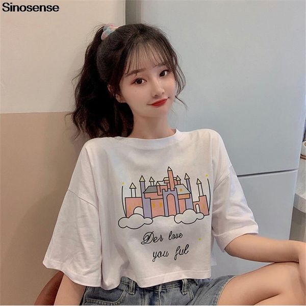 

women's t-shirt women t shirt 2021 castle printed tees shirts o neck short sleeve summer crop t-shirts lady hip hop streetwear tshirt, White