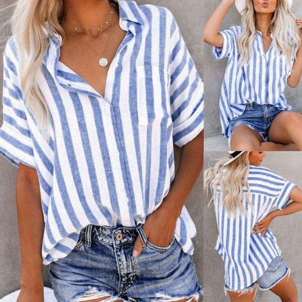 

women's blouses & shirts fashion womens short sleeve striped button tee casual blouse, White
