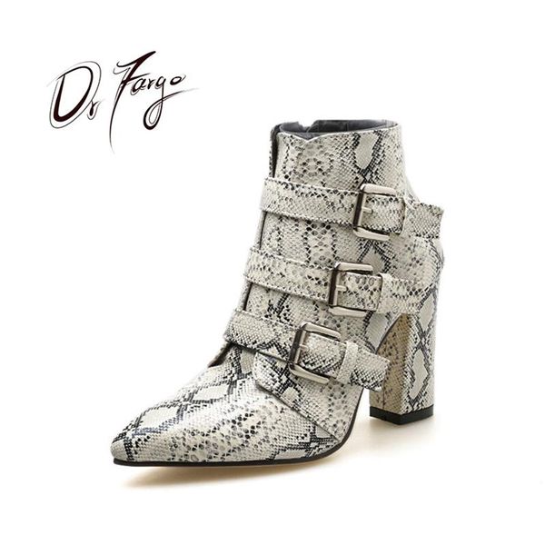 

boots drfargo spring shoes women leopard snake skin pattern 9cm square high heel pointed toe buckle zipper size 40 mujer zapatos, Black