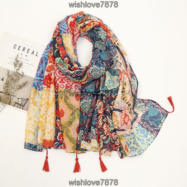 

2021 fashion luxury floral tassel cotton shawl scarf lady wrap pashmina stole bufandas muslim hijab, Blue;gray