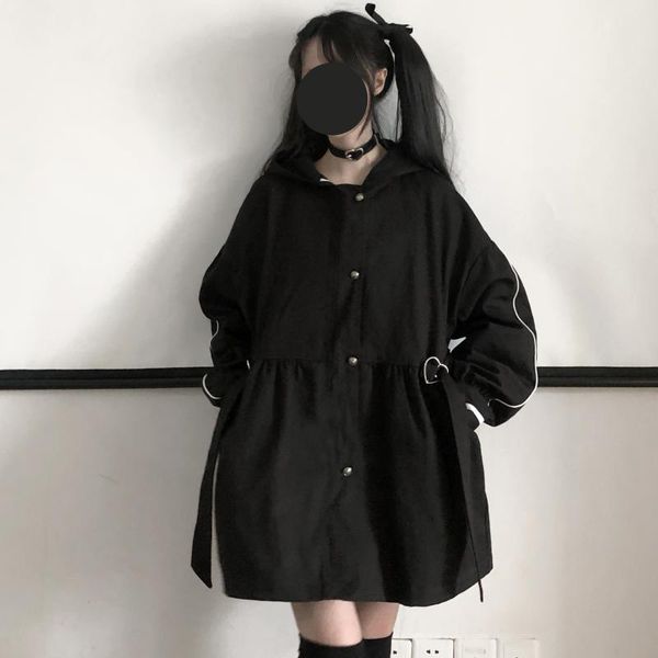 

women's trench coats spring autumn gothic harajuku black girl loose long sleeve fashion punk cool streetwear coat, Tan;black