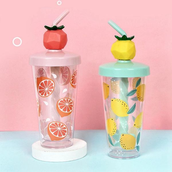

mugs colorful fruit mixing cup double layer transparent straw summer cold drink creative handy