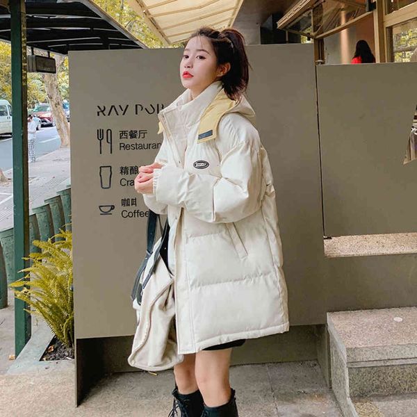 

winter down cotton padded jacket women's version thickened warm student and long, Black