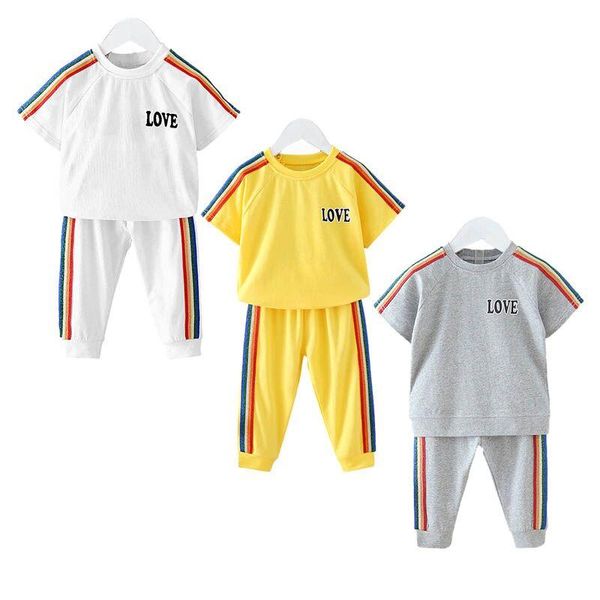 

clothing sets 2021 summer children boys girls clothes striped sport suit baby t-shirts and pants 2pcs set toddler kids tracksuits, White