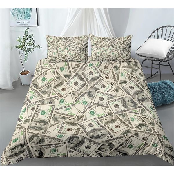 3D Modern Bedding Set Dólar Motivo Impresso Capa de Edredão Vivid Capa 2/3 Peças Dinheiro Matempos Matempos Padrão Engraçado Cama Set 210319