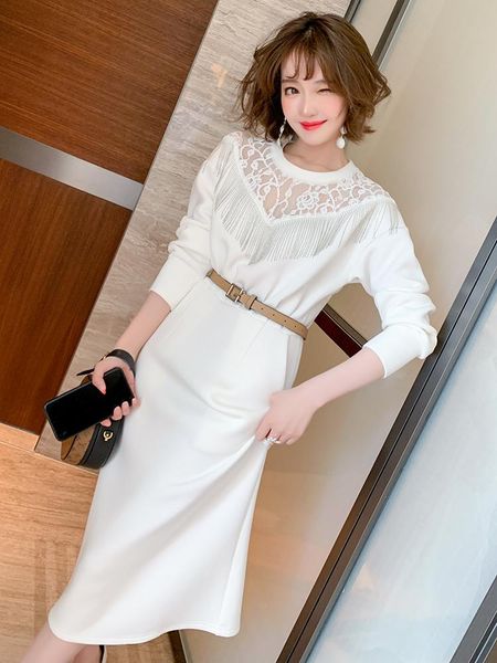 

women's tracksuits elegant stitching mesh embroidered bead chain fringed waist over the knee dress 2021 autumn, Gray