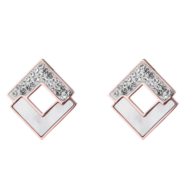 

stud temperament high sense hollow geometric square mother-of-pearl zircon earrings titanium steel, Golden;silver