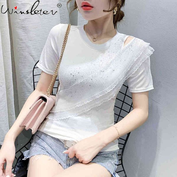 

women's t-shirt summer european clothes fashion diamonds ruffles women short sleeve cotton bottoming shirt tees 2021 t14, White