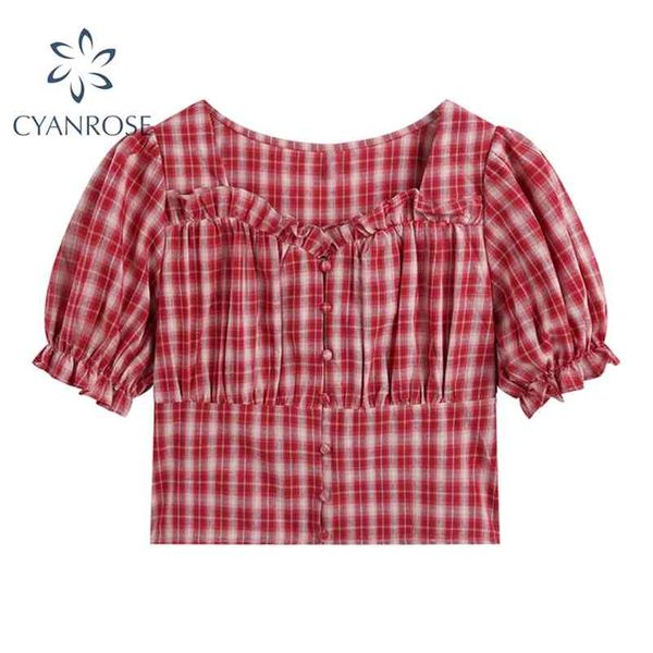 

vintage red plaid crop blouse for ladies puff short sleeve elegant ruffle design shirts women mori girl rok ulzzang mujer 210430, White