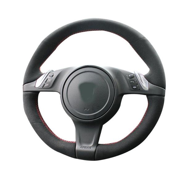 

steering wheel covers all black suede leather red stitch on wrap cover fit for panamera 2010 2011 2012