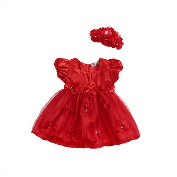 

fashion cute summer baby girls girl dresses o neck floral bow lace red knee length tutu princess dress headband 2pcs, Red;yellow