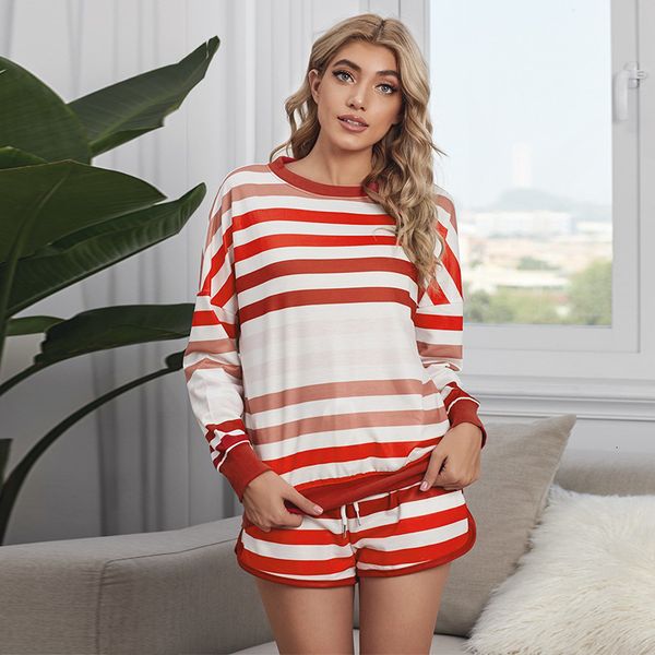 

pajamas women's shiying two piece new round neck printing long sleeve striped housewear suit, Black;red