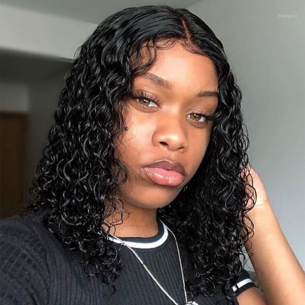 

deep wave human hair wigs brazilian remy lace front glueless frontal short bob 150% for black women1, Black;brown