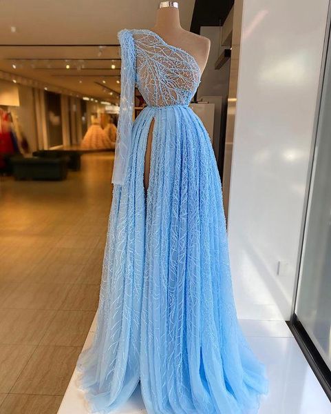 

light sky blue 2021 a line prom dresses one shoulder high side split lace women plus size formal evening gowns, Black